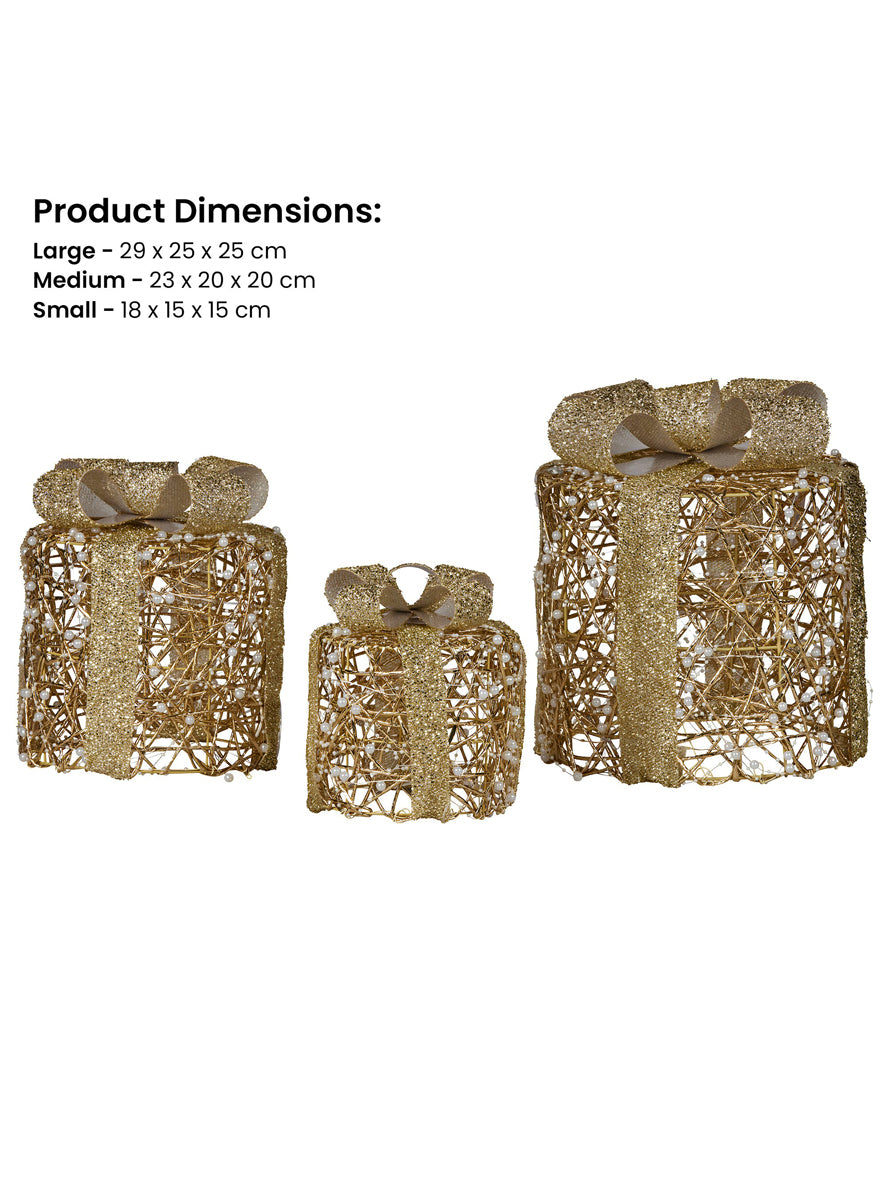 Christabelle Gold LED Light Up 3 Piece Gift Box Christmas Decoration Set - Measurements Image