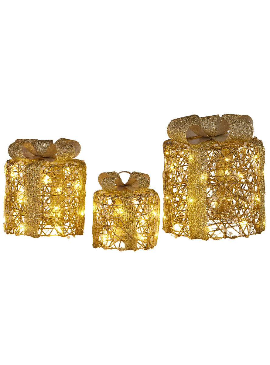 Christabelle Gold LED Light Up 3 Piece Gift Box Christmas Decoration Set - Main Image