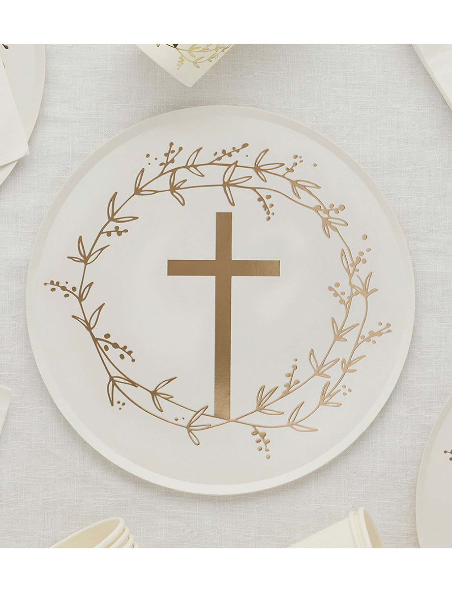 Christening and Communion Gold Cross 8 Pack 23cm Paper Plates – Lifestyle Image