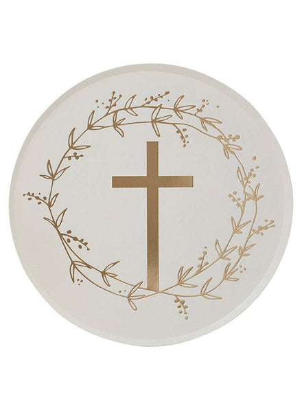 Christening and Communion Gold Cross 8 Pack 23cm Paper Plates – Main Image
