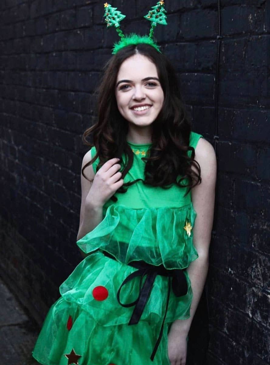 Women's Festive Green Christmas Tree Costume Lifestyle Image 1