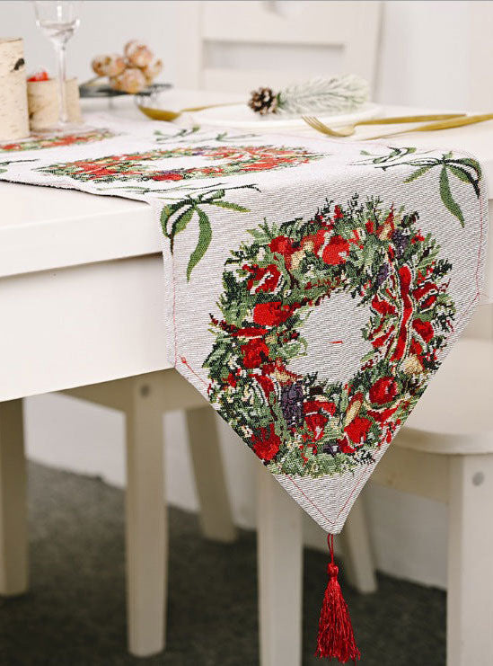 Christmas Wreath Printed Thick Knitted Table Runner Decoration