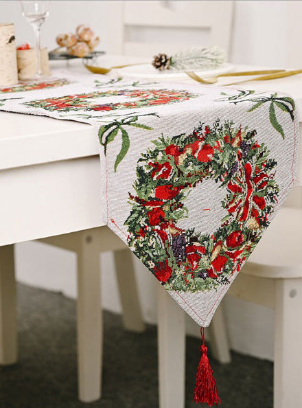 Christmas Wreath Printed Thick Knitted Table Runner Decoration
