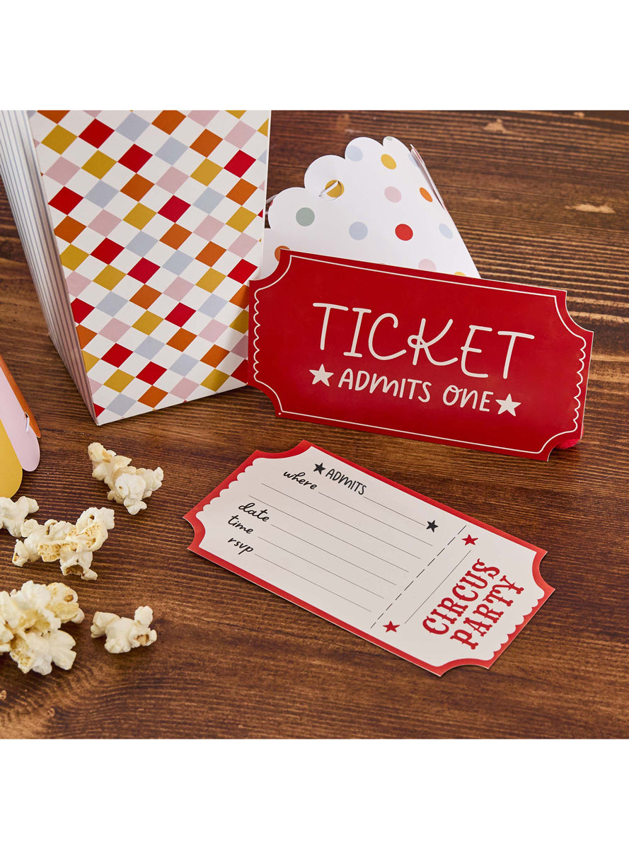 Circus Party 8 Pack 15cm Red Ticket Shaped Invitations — Lifestyle Image