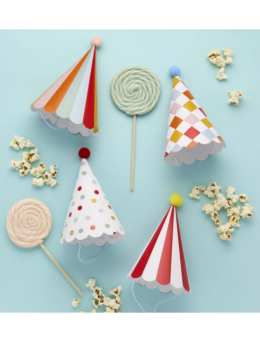 Circus Party 8 Pack Cone Shaped Hats With Pom-Poms — Lifestyle Image 2
