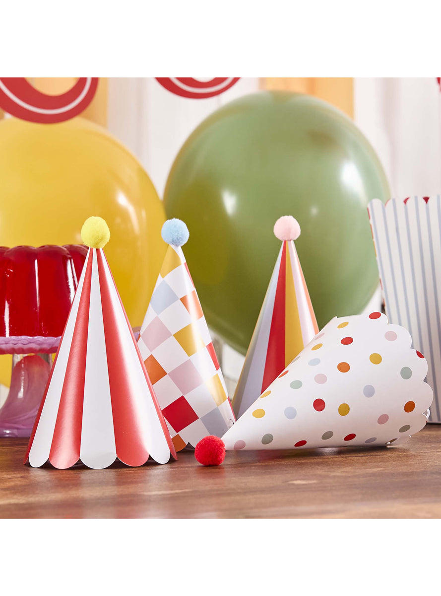 Circus Party 8 Pack Cone Shaped Hats With Pom-Poms — Lifestyle Image
