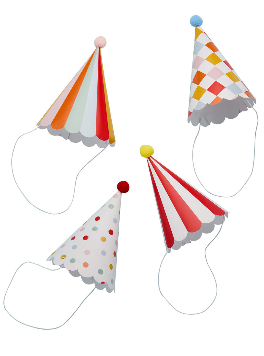 Circus Party 8 Pack Cone Shaped Hats With Pom-Poms — Main Image