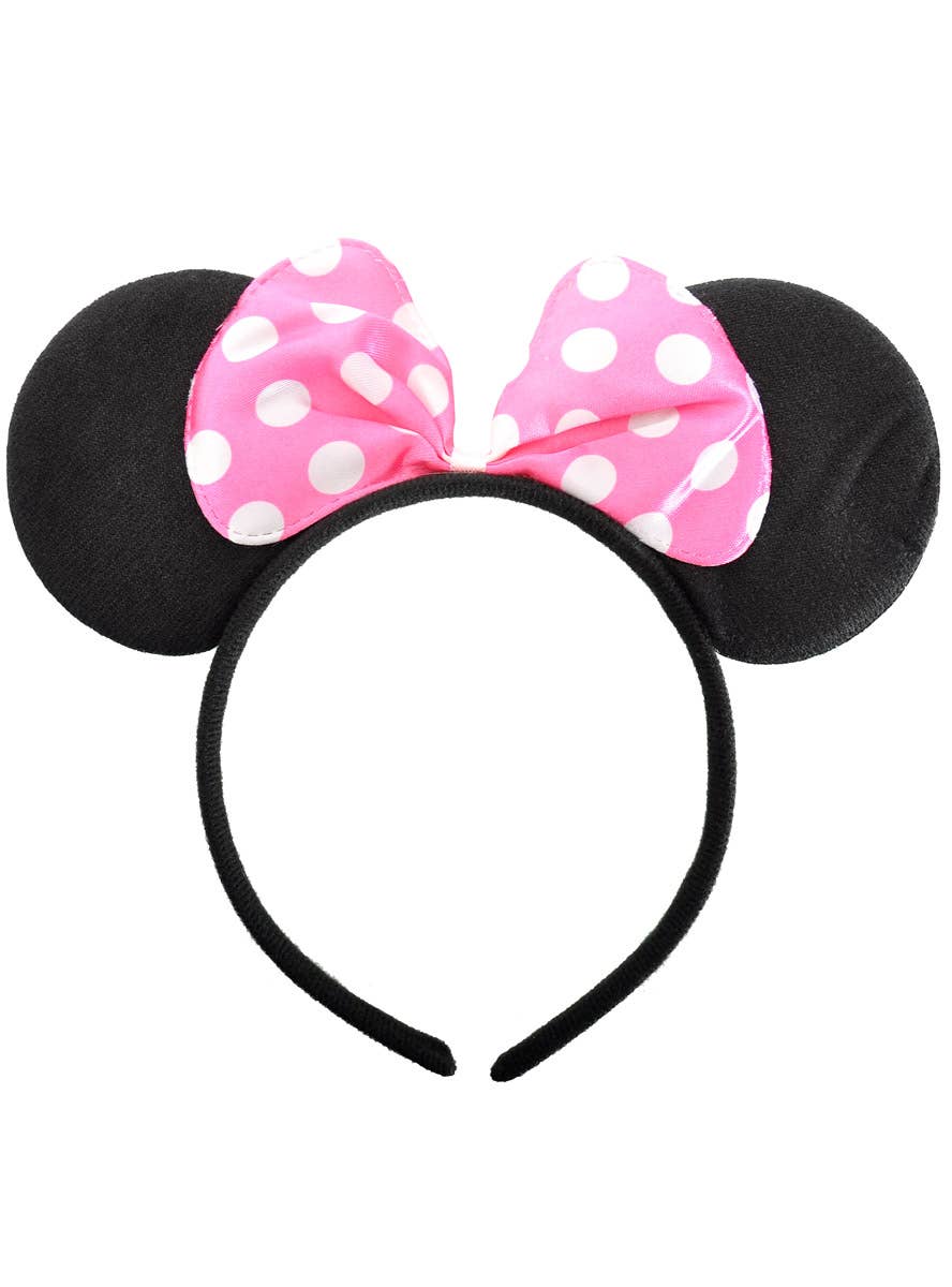 Image of Round Black Mouse Ears on Headband with Pink Bow