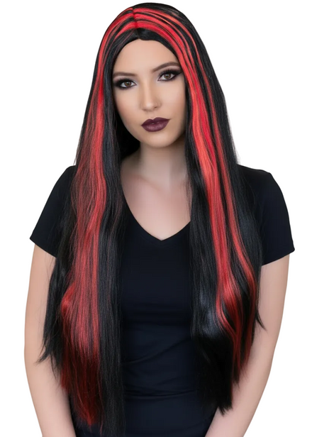 Streaked Black and Red Womens Halloween Costume Wig - Main Image