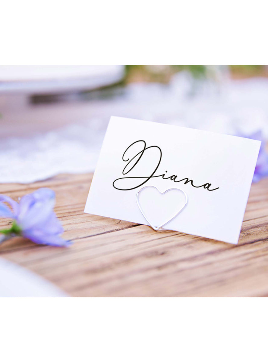 Classic Wedding 10 Pack Silver Heart Place Card Holders — Lifestyle Image 1