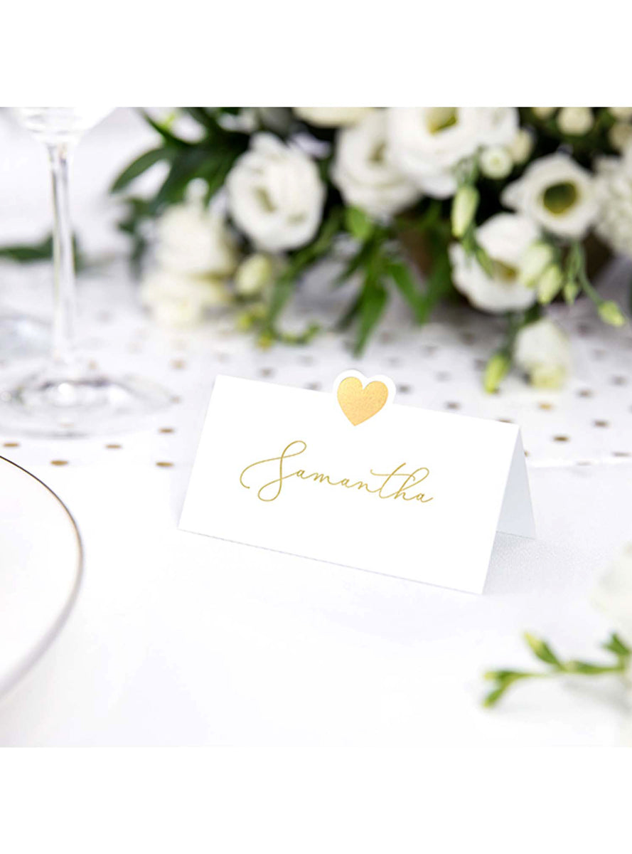 Classic White 10 Pack Place Cards with Gold Hearts - Lifestyle Image