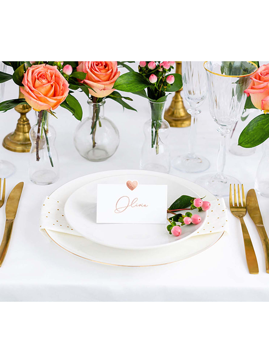 Classic White 10 Pack Place Cards with Rose Gold Hearts - Lifestyle Image
