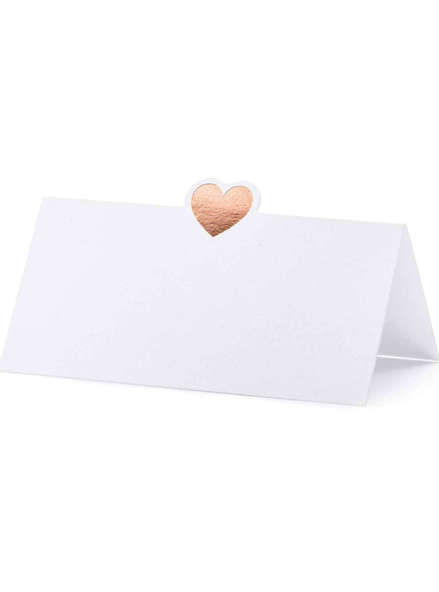 Classic White 10 Pack Place Cards with Rose Gold Hearts - Main Image