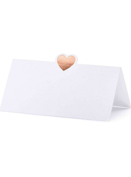 Classic White 10 Pack Place Cards with Rose Gold Hearts - Main Image