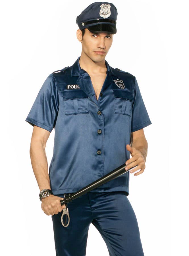 Satin Blue Police Officer Dress Up Mens On the Sly Cop Costume