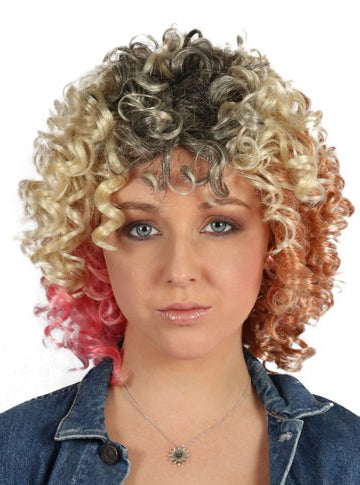 Womens Blonde Cool Curls Costume Wig With Red Ends