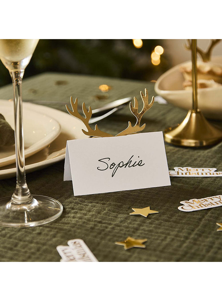 White And Gold 10 Pack Cosy Christmas Antler Place Cards – Lifestyle Image