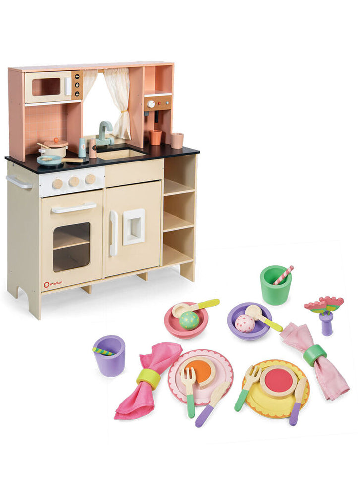 Cream Wooden Toy Kitchen Set with Party Lunch Time Set