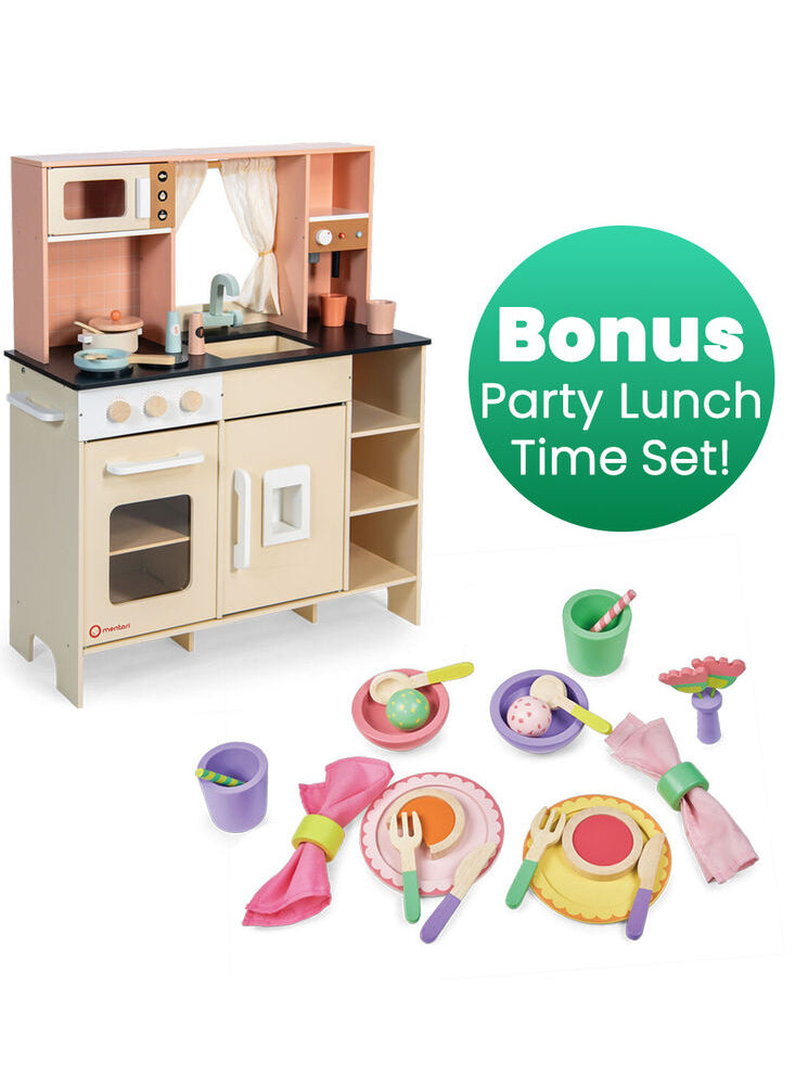 Cream Wooden Toy Kitchen Set with Party Lunch Time Set