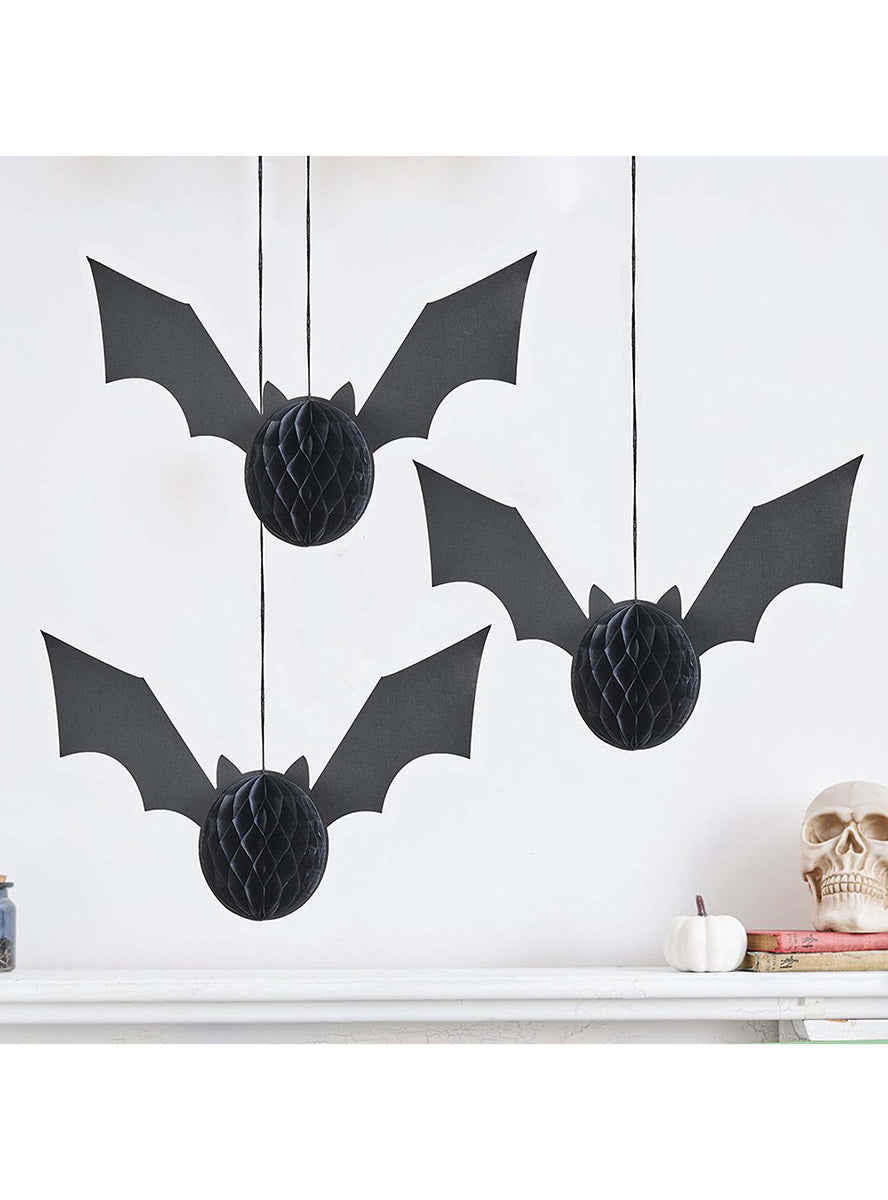 Pack of 3 Creepy Chic Honeycomb Bat Halloween Decorations - Alternate Image 1