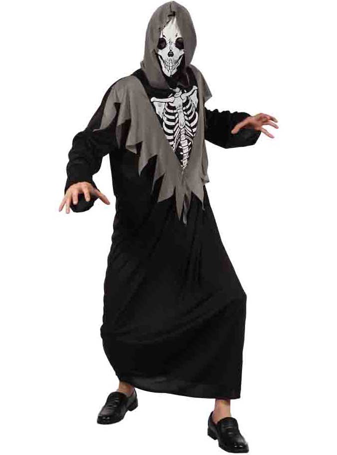 Mens Skeleton Hooded Robe Halloween Costume