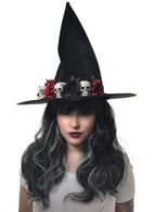 Image of Rose Embellished Black Witch Hat with Skulls - Main Image
