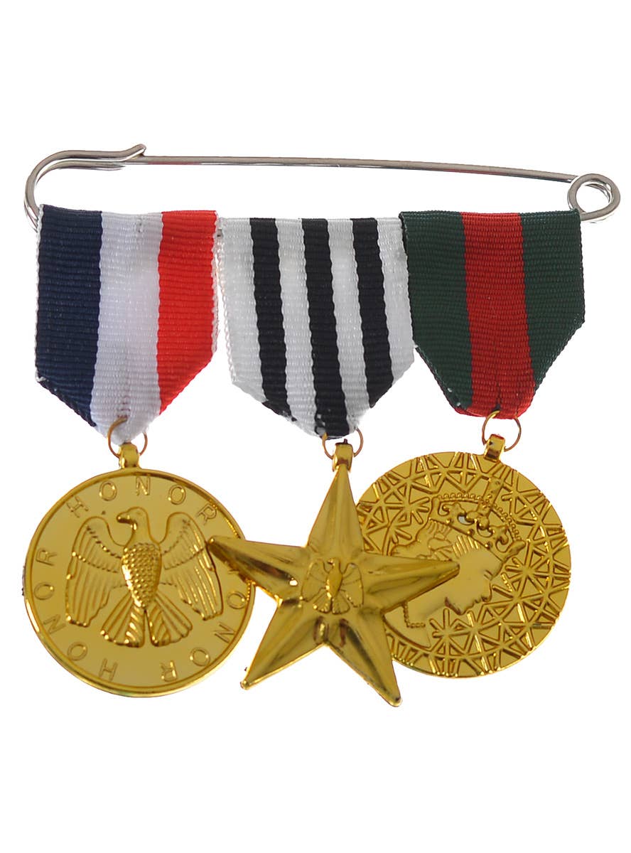  Military Gold Medals Pack Of 3 on Large Silver Pin Army Hero Costume Accessory