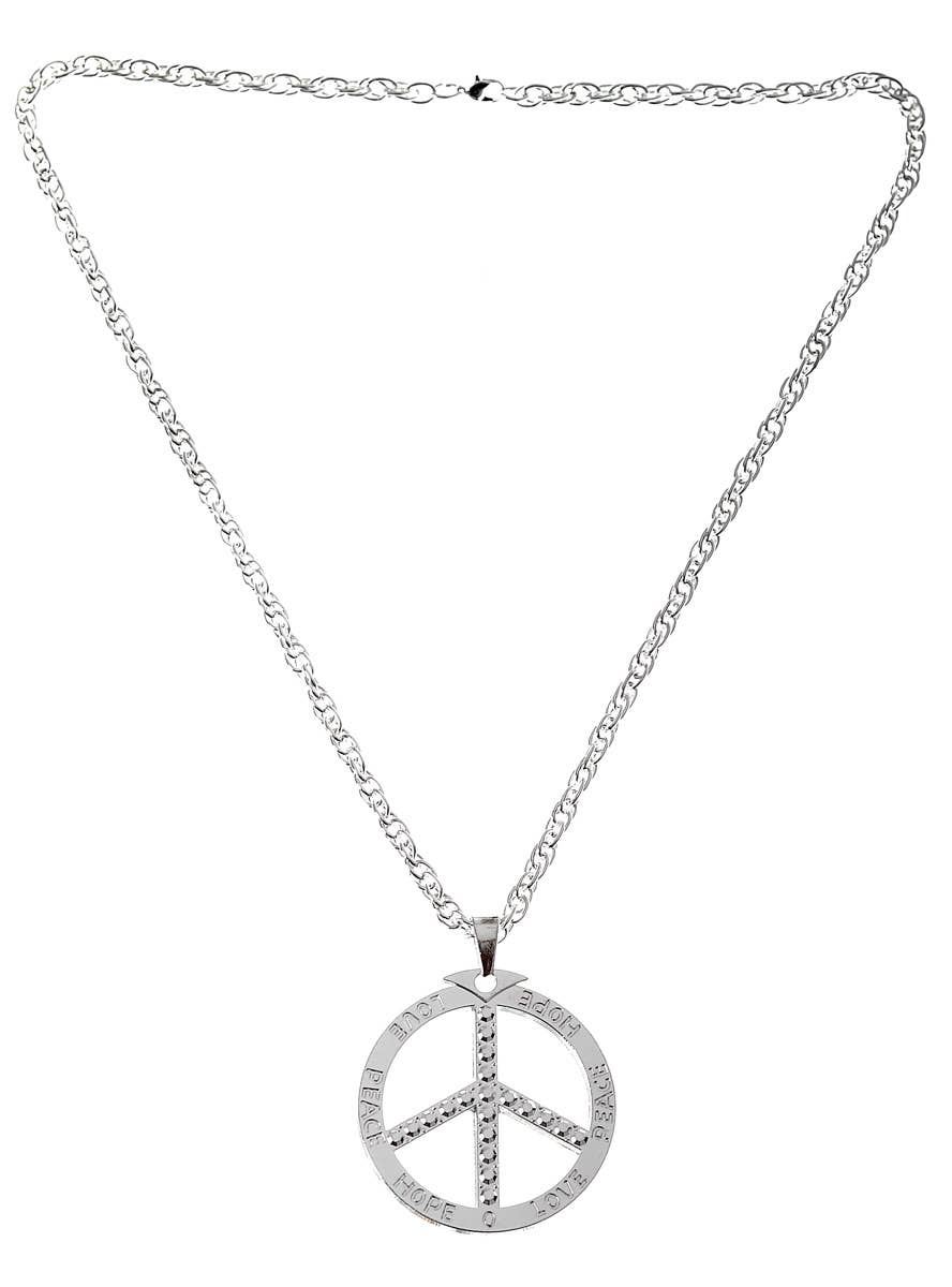 Long Silver Metal Deluxe Hippie Peace Symbol Costume Necklace - Main Image