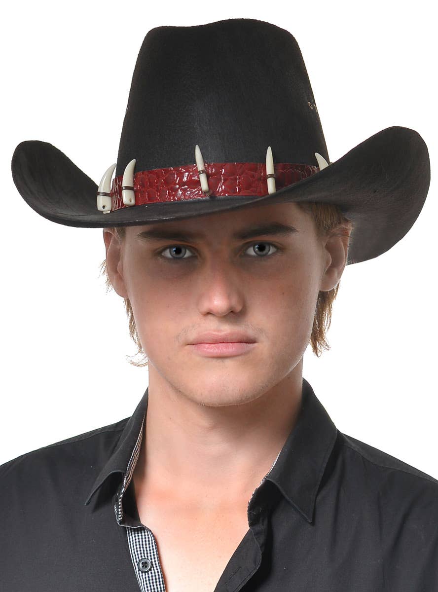 Black Adult's Cowboy Stetsan Hat with Crocodile Teeth and Maroon Crocodile Hat Band