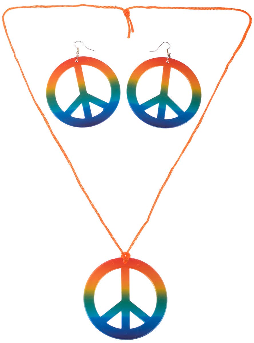 Rainbow Peace Symbol Necklace and Earrings Hippie Costume Accessory Set - Main Image