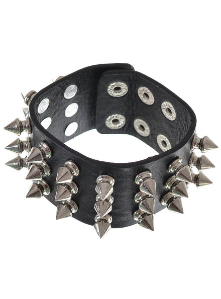 Punk Black Leather Look Wristband With Three Rows of Silver Spikes Costume Accessory - Main Image