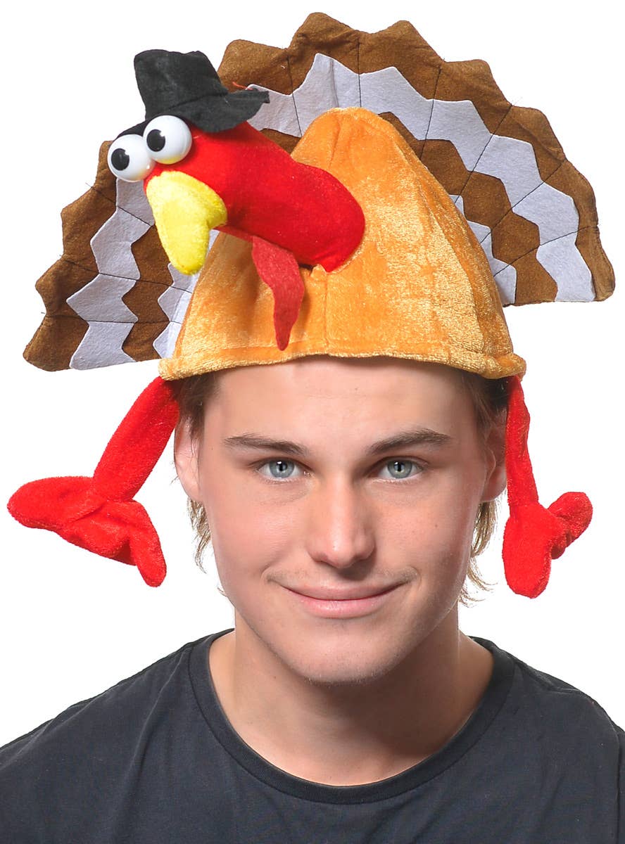 Funny Turkey on Head Adult's Novelty Plush Hat