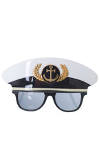 Adult's Black, White And Gold Sailor Navy Officer Costume Glasses With Attached Plastic Hat Main Image