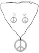 Hippie Silver Peace Sign Necklace and Earrings Costume Jewellery Set 