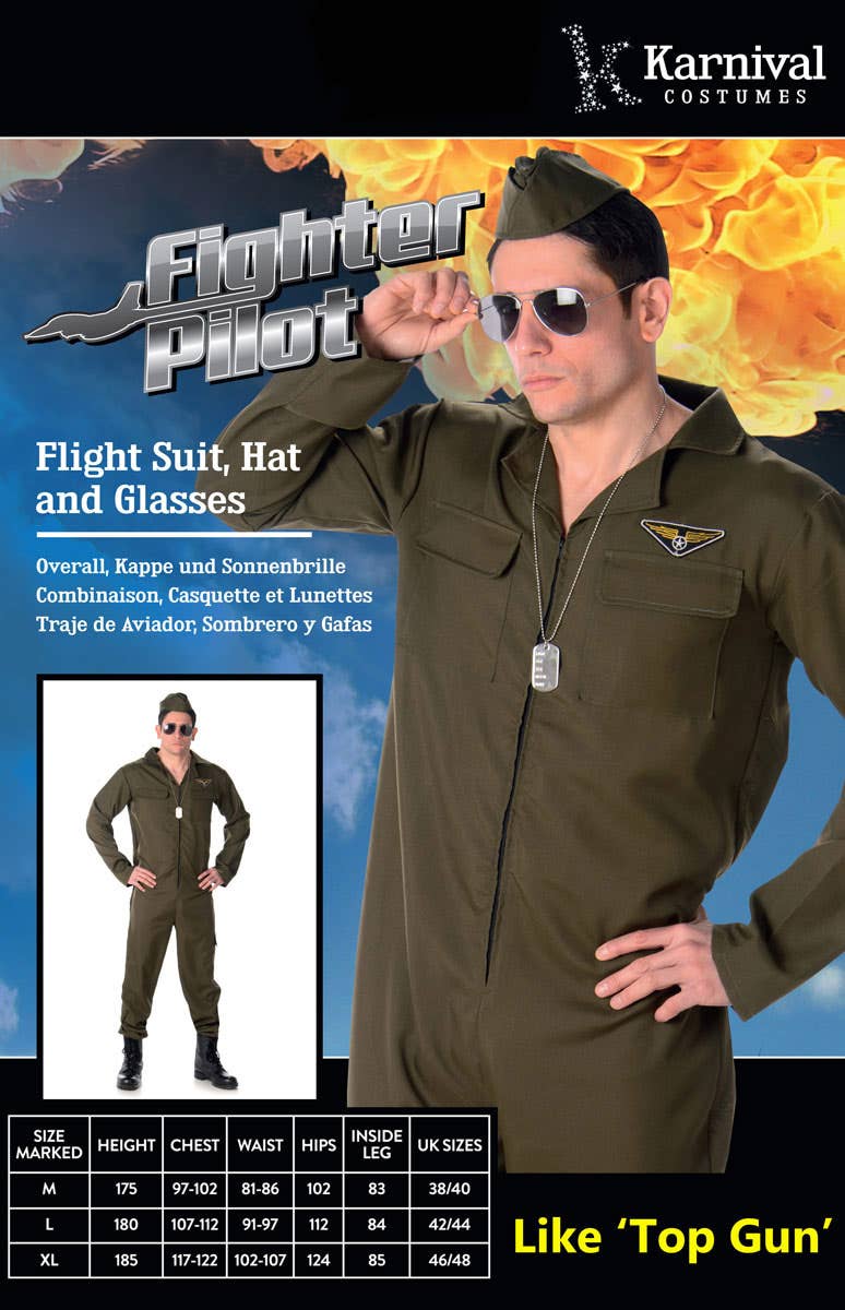 Green Fighter Pilot Costume | Mens Top Gun Aviator Flight Suit