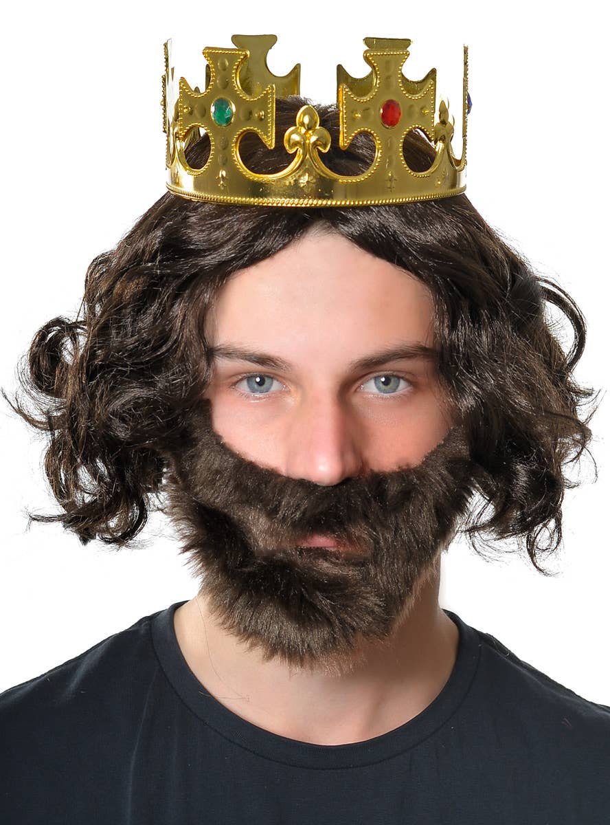 Knight Rider Wig Medieval King Wig, Beard & Crown | Mens Brown Wig Royal Accessory Set