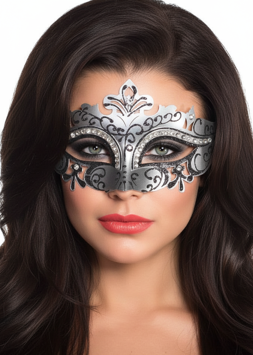 Womens Silver Cut Out Masquerade Mask with Rhinestones - Main Image