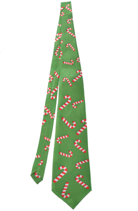 Adult's Green Satin Christmas Tie with Candy Canes