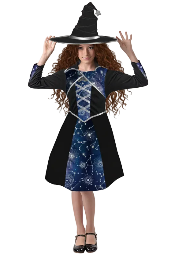Girls Black Witch Costume with Galaxy Print - main image