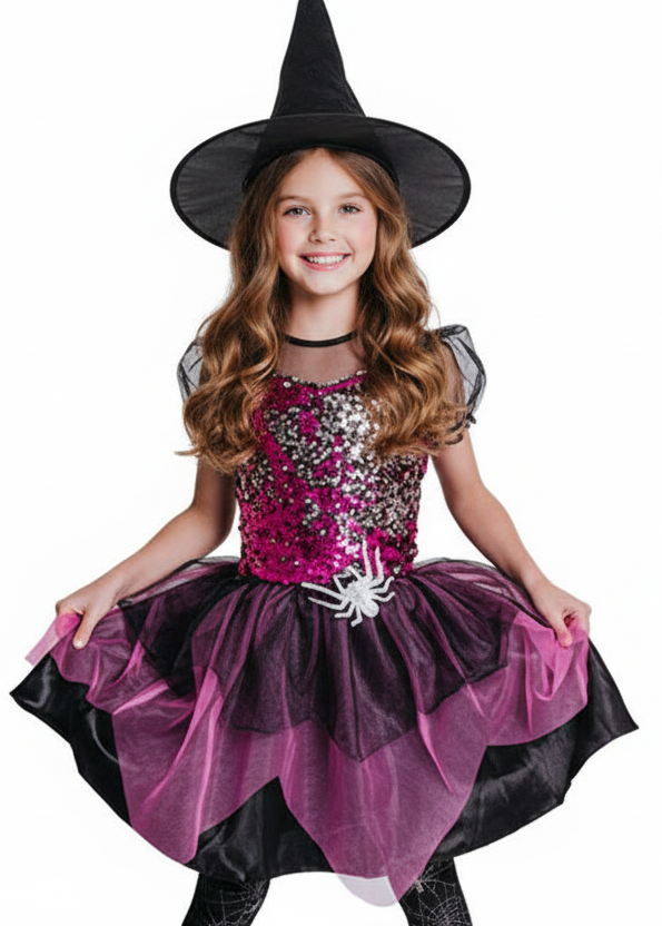 Image of Sparkly Pink Spider Witch Girl's Halloween Costume - close image