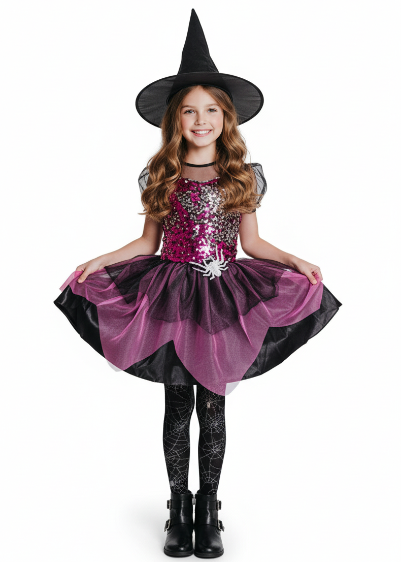 Image of Sparkly Pink Spider Witch Girl's Halloween Costume - main image