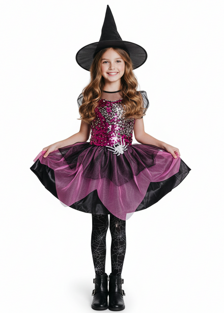 Image of Sparkly Pink Spider Witch Girl's Halloween Costume - main image
