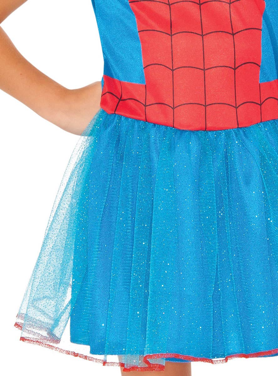Image of Glittery Spider Girl Girl's Superhero Dress Up Costume - Close Up Skirt Image