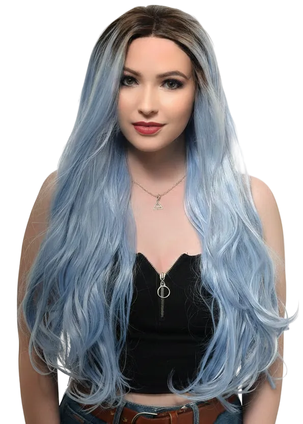 Womens Long Pastel Blue Wavy Synthetic Fashion Wig with T-Part Lace Front and Dark Roots - Main Image