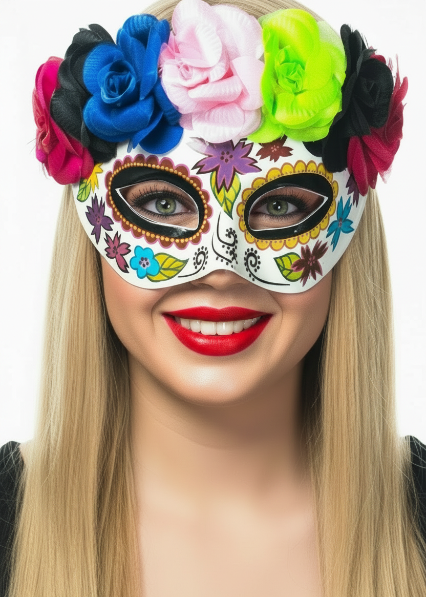 Women's Day of the Dead Rainbow Flowers Sugar Skull Masquerade Mask - main image