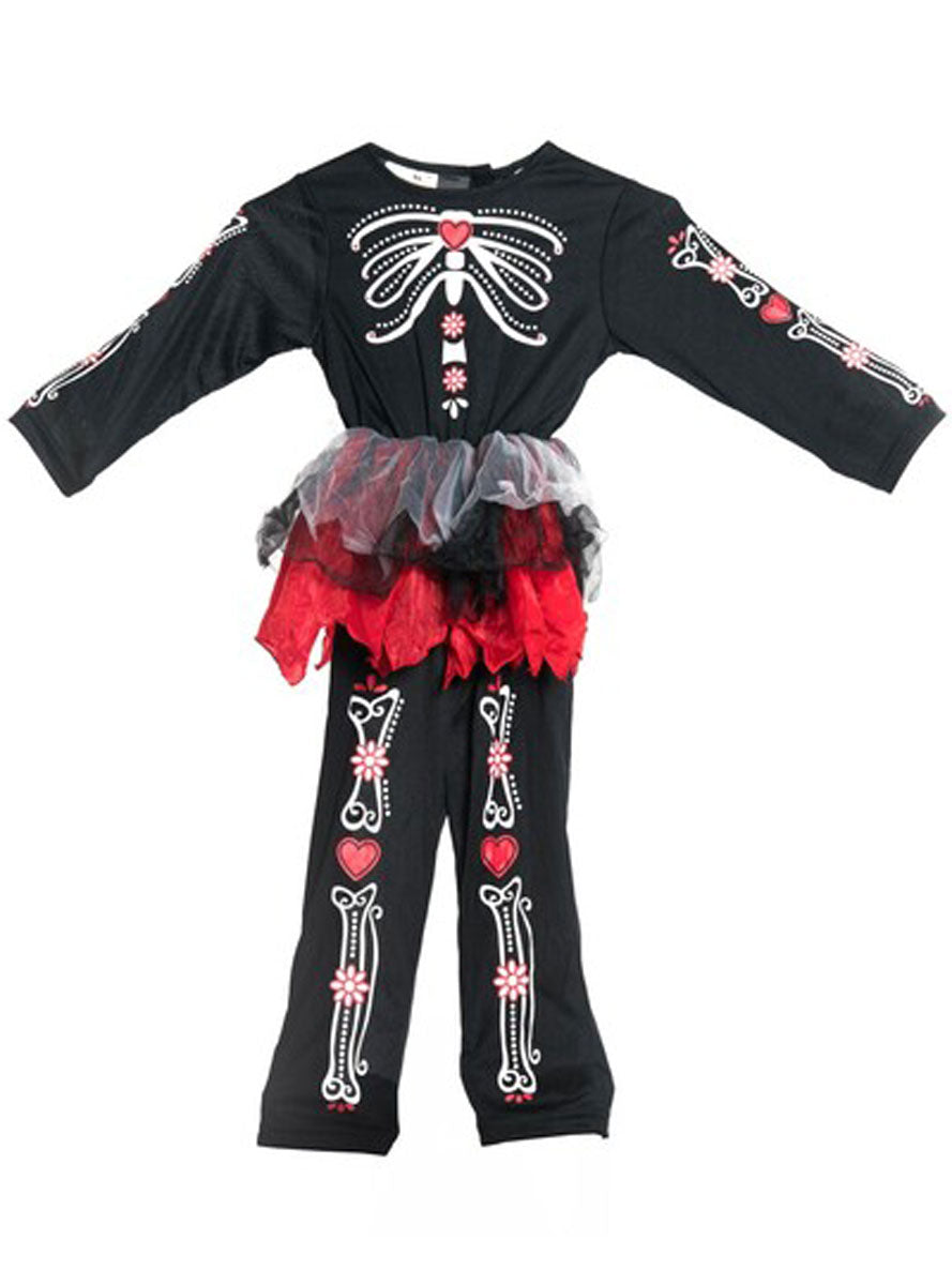 Infant Girls Day Of The Dead Sugar Skull Halloween Costume Flat Lay Image