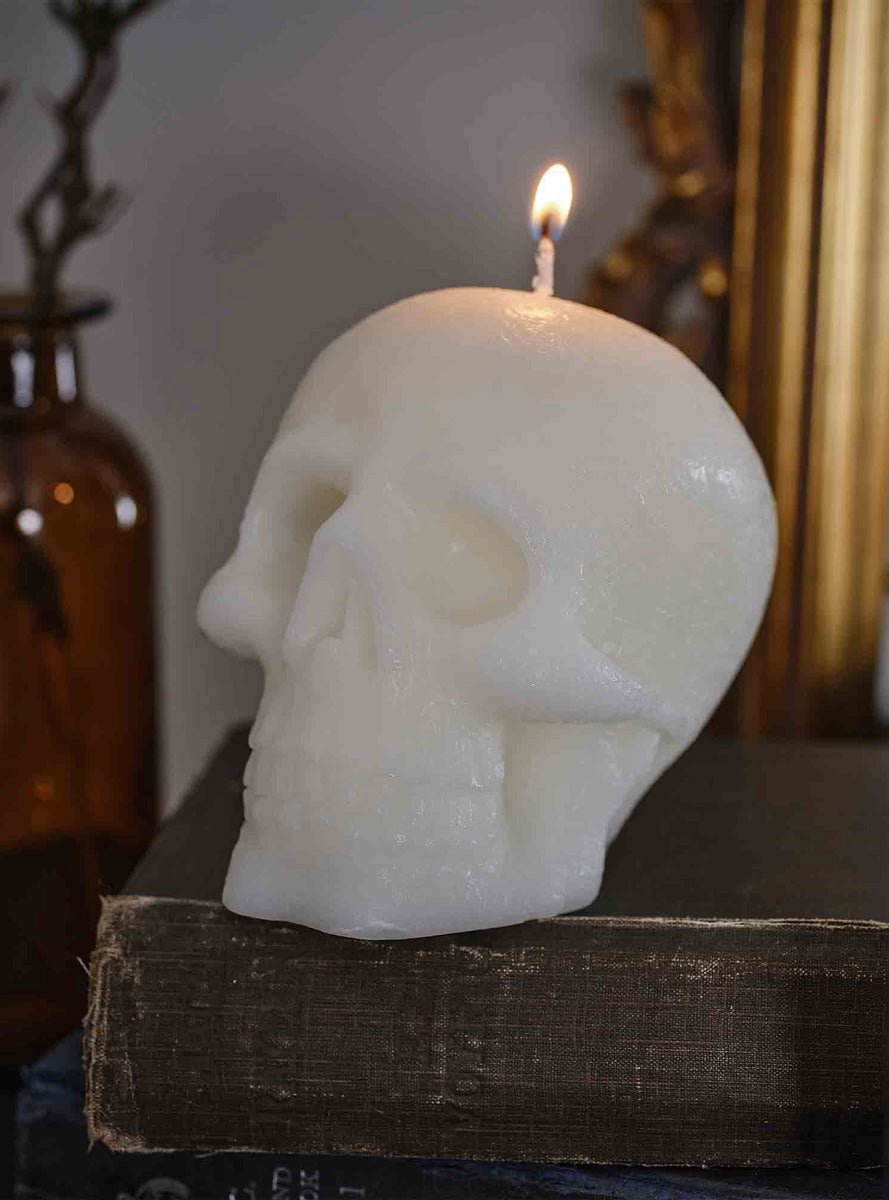 Deadly Soiree 11cm Off White Skull Shaped Halloween Candle – Lifestyle Image