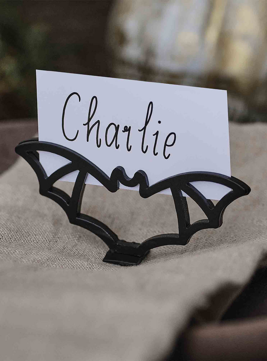 Deadly Soiree 4 Pack Black Metal Bat Shaped Place Card Holders – Lifestyle Image
