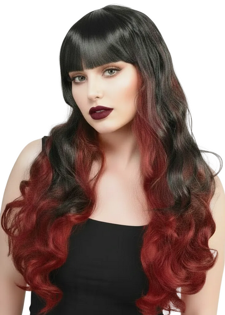 Red and Black Curly Womens Costume Wig with Fringe - Main Image