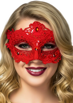 Red Lace Overlay Masquerade Mask with Glitter and Jewels - Main Image